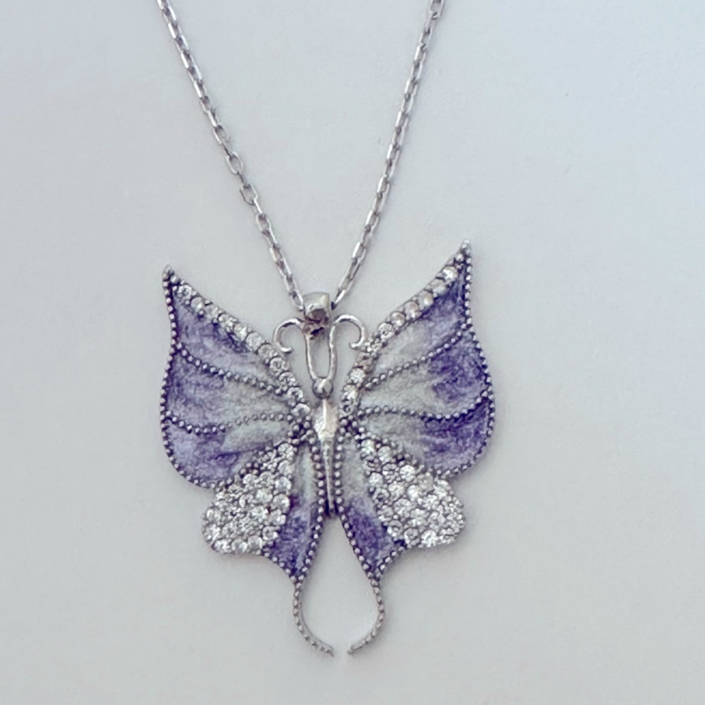 925 Silver purple butterfly cubic zirconia cz stones enamel necklace handmade